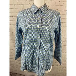 TALBOTS Petites white blue green cotton stretch chain shirt 10